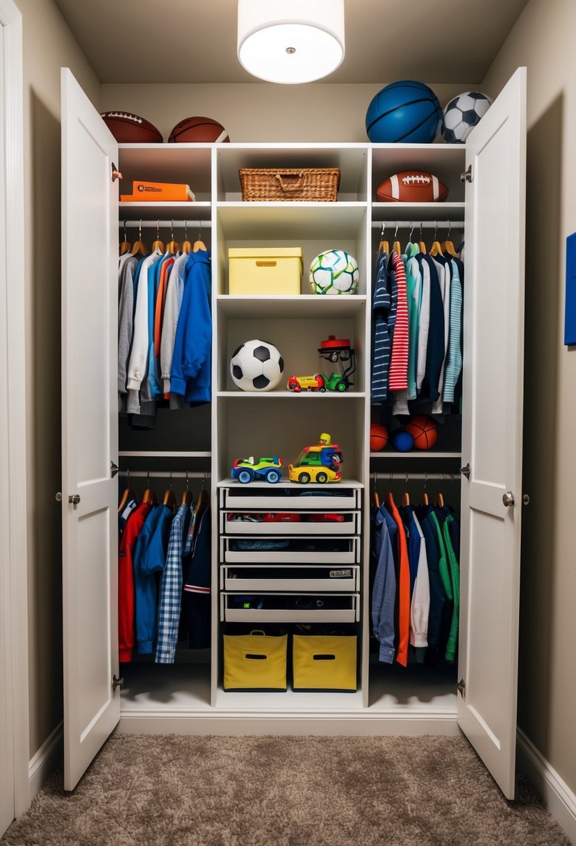 A custom closet in a young boy's bedroom, filled with neatly organized clothes, toys, and sports equipment