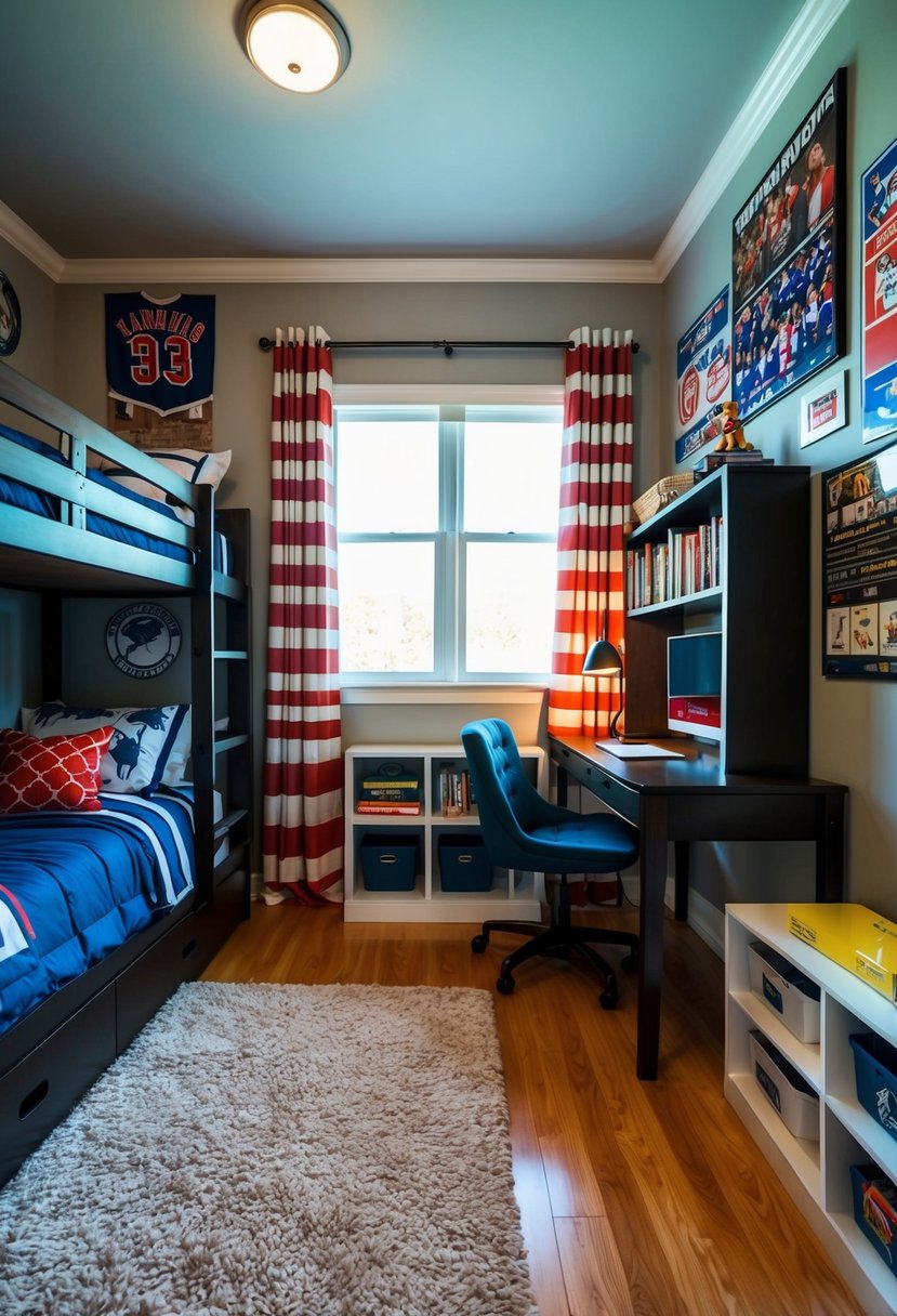 A cozy bedroom with a bunk bed, bookshelves, and a desk for homework. Sports memorabilia and posters decorate the walls, and a plush rug covers the floor