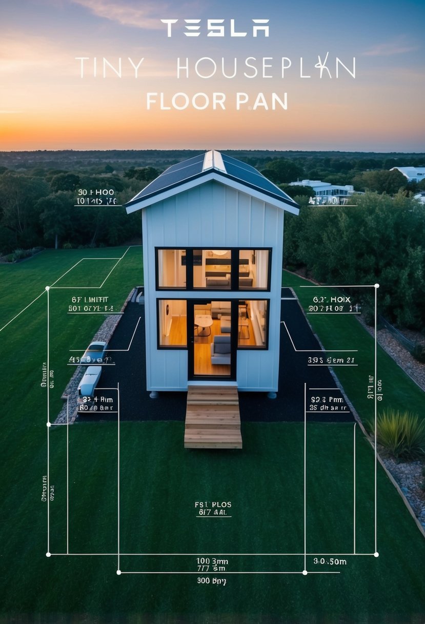 Aerial view of the Tesla Tiny House floor plan at Margaretlucas with labeled sections and dimensions