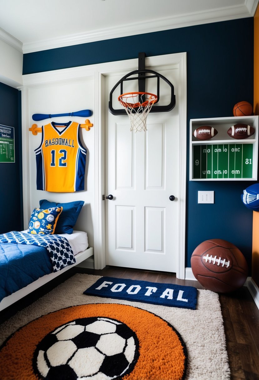 A boy's bedroom with sports-themed decor, including a soccer ball rug, basketball hoop on the door, baseball bat shelves, and football wall decals