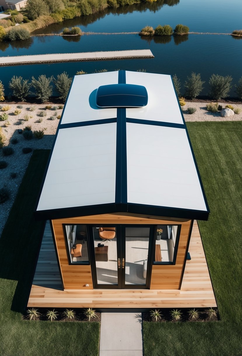 Aerial view of Tesla Tiny House floor plan at Margaretlucas, showing optimized spatial layout with efficient use of space and sustainable design elements