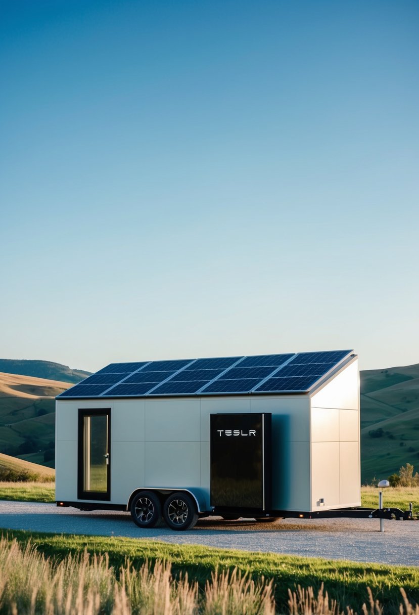 A sleek, futuristic tiny home with solar panels and a Tesla Powerwall, set against a backdrop of rolling hills and a clear blue sky