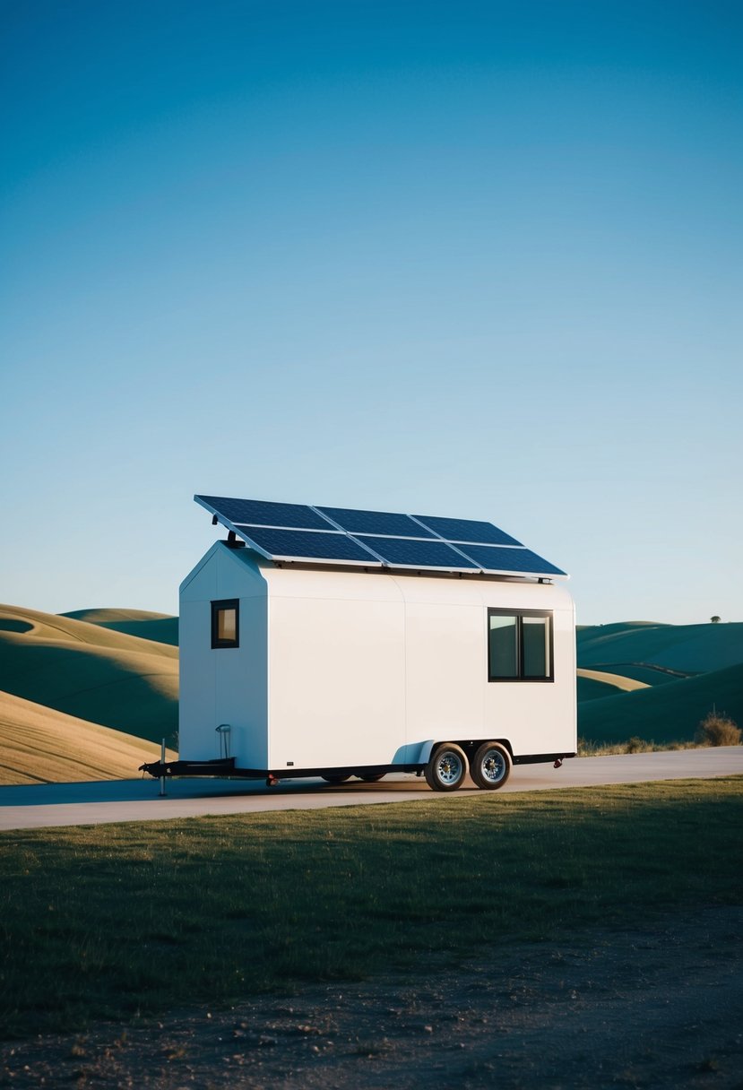 A sleek, minimalist tiny home with solar panels and a sleek, futuristic design, set against a backdrop of rolling hills and clear blue skies