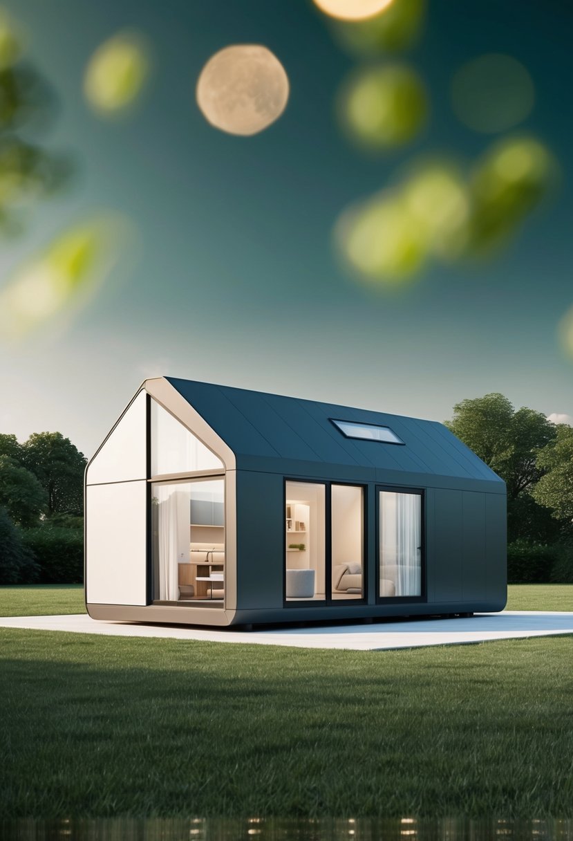 A futuristic, compact home with sleek, modular design and sustainable features, set against a backdrop of green, open space