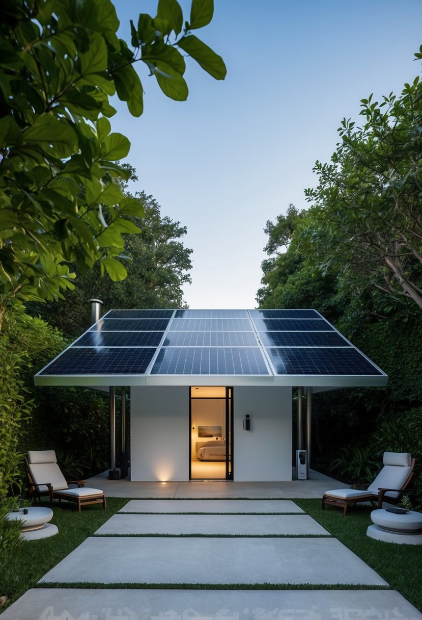 Elon Musk's $10,000 home: A sleek, minimalist structure with solar panels, surrounded by lush greenery and high-tech gadgets