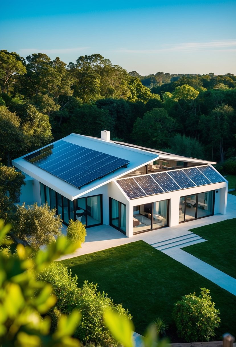 A futuristic home with solar panels and high-tech features, surrounded by lush greenery and a clear blue sky