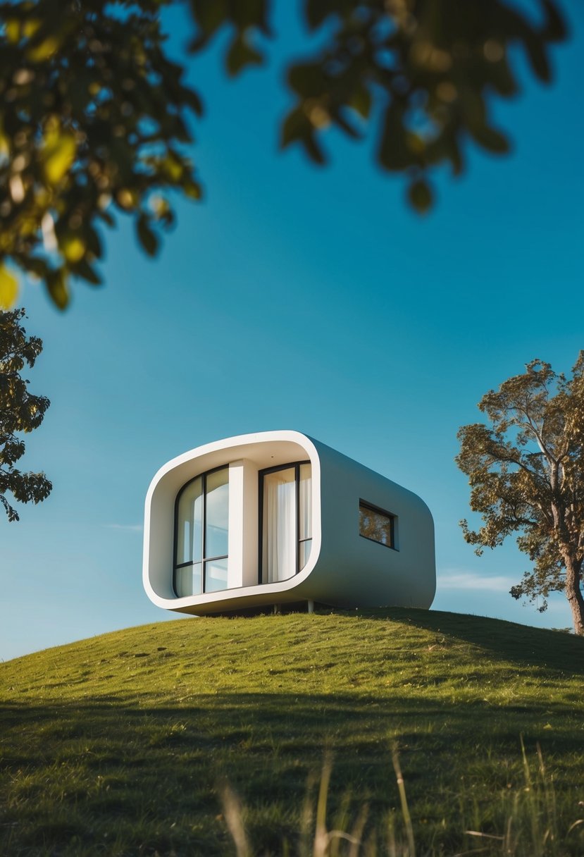 A small, futuristic home sits on a grassy hill, surrounded by trees and under a clear blue sky