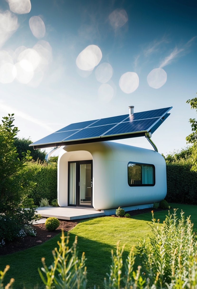 A small, futuristic home surrounded by greenery, solar panels, and a sleek design