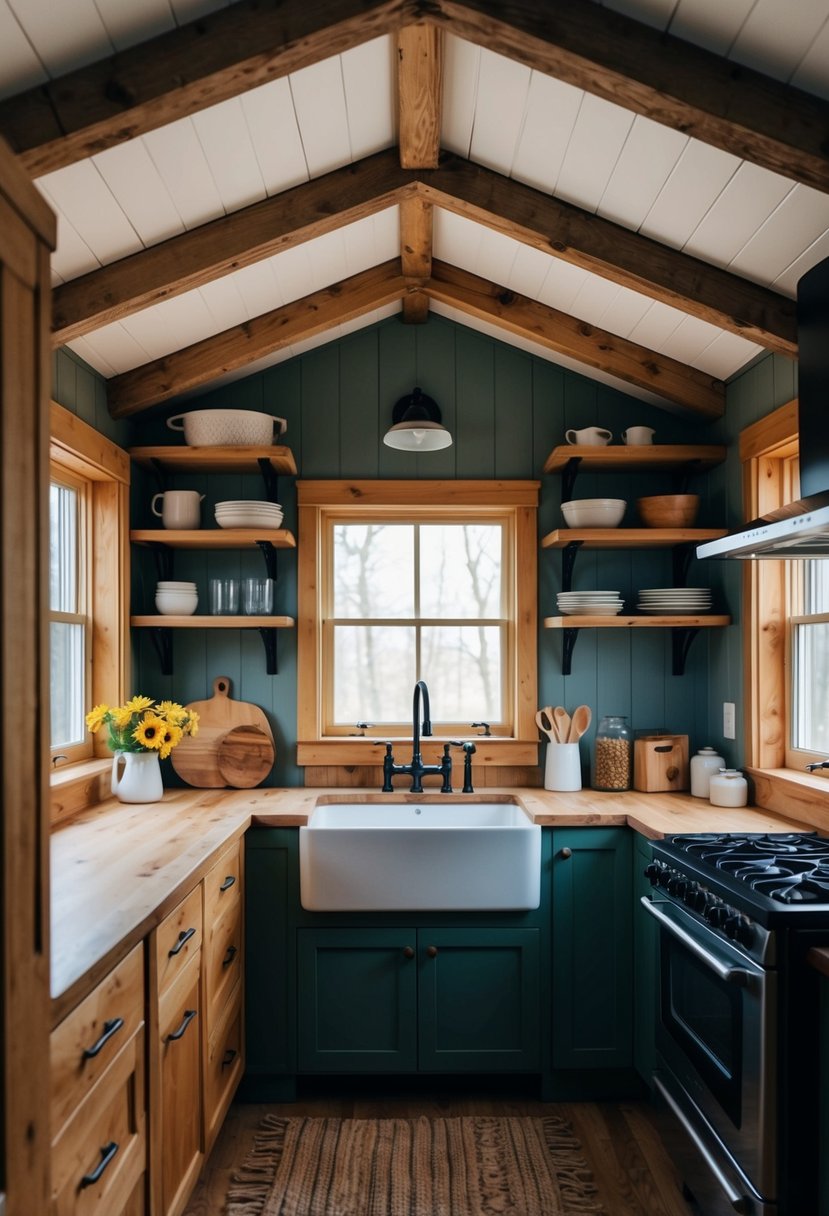 A cozy, rustic kitchen in a tiny house with exposed wooden beams, a farmhouse sink, open shelving, and a vintage stove