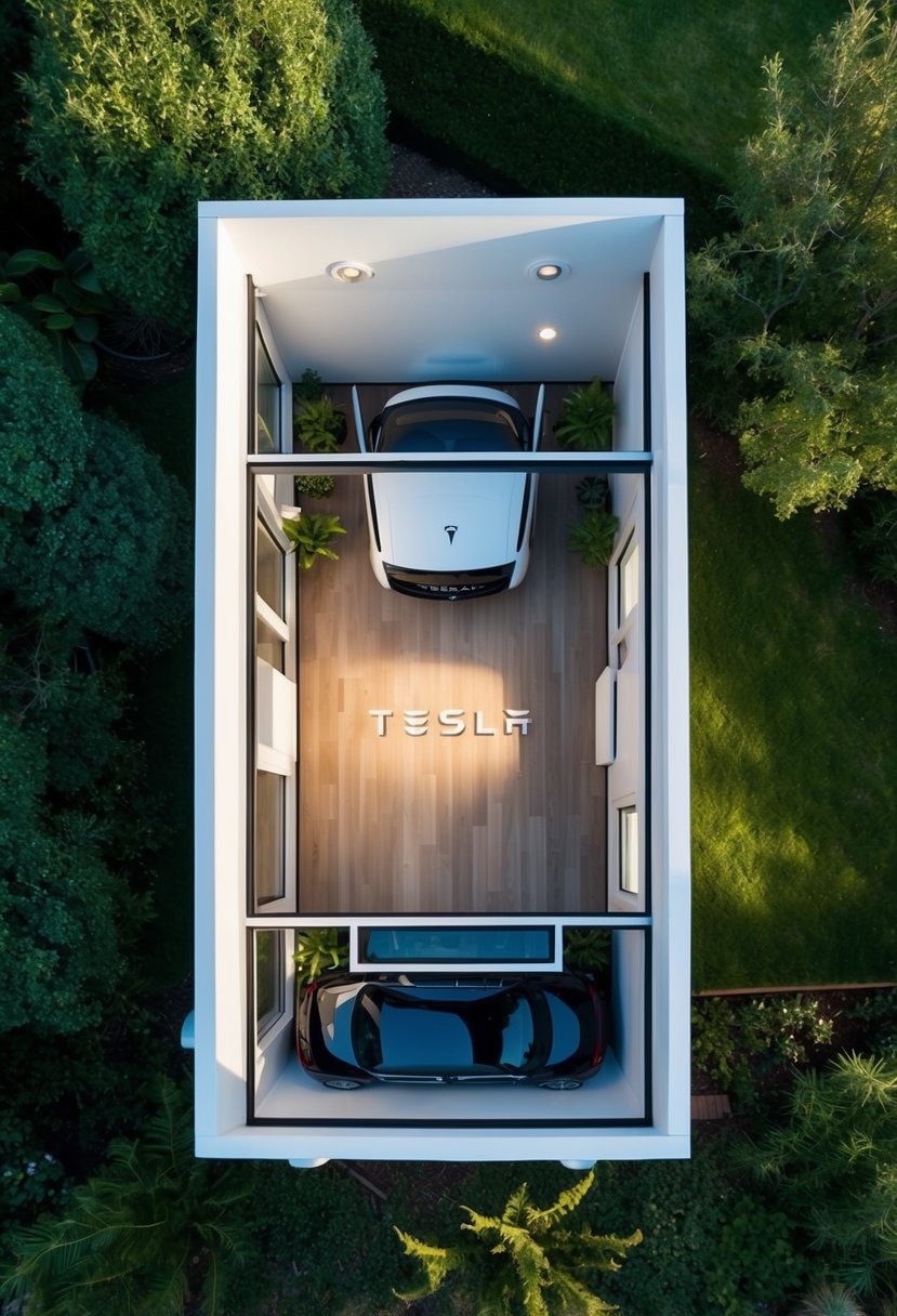 A bird's-eye view of a compact, modern tiny house floor plan with the Tesla logo prominently displayed, surrounded by lush greenery and natural light streaming in through large windows