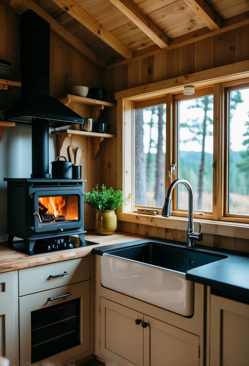 A cozy, compact kitchen in a rustic cabin, featuring a wood-burning stove, open shelving, and a farmhouse sink with a view of the forest outside