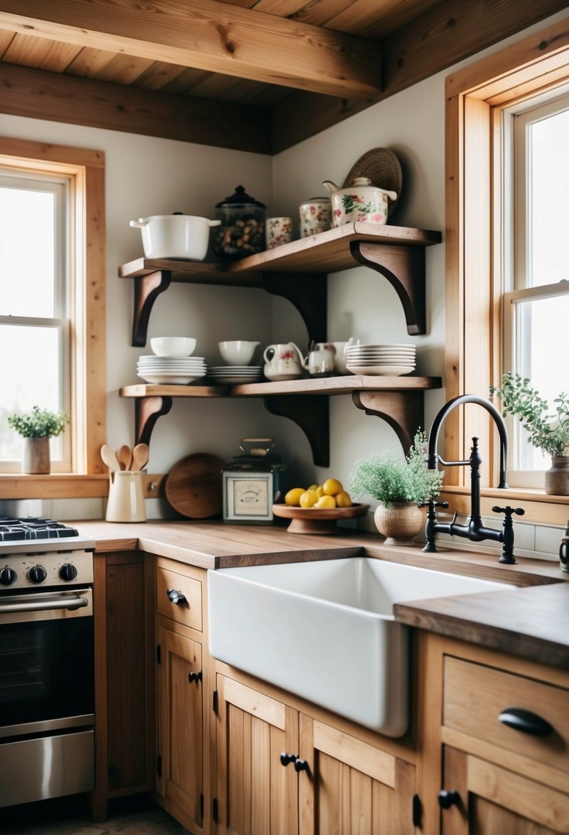 A cozy, rustic farmhouse kitchen with wooden beams, open shelving, vintage decor, and a farmhouse sink