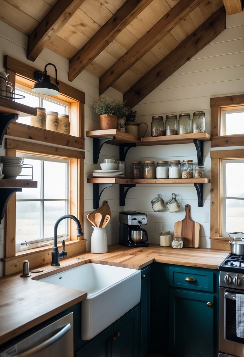 A cozy, rustic kitchen in a tiny home with exposed wood beams, a farmhouse sink, and open shelving filled with mason jars and vintage kitchenware