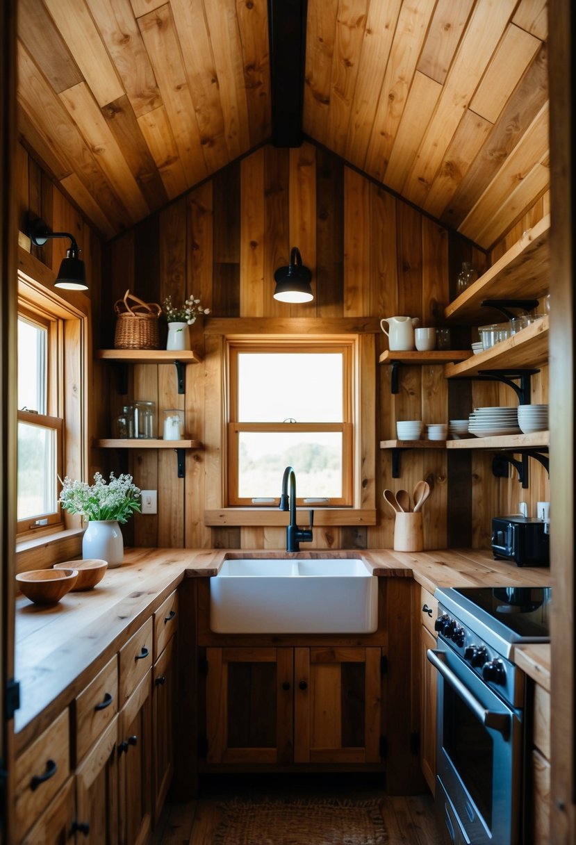 A cozy, rustic kitchen in a tiny house with wood-paneled walls, a farmhouse sink, open shelving, and a small stove