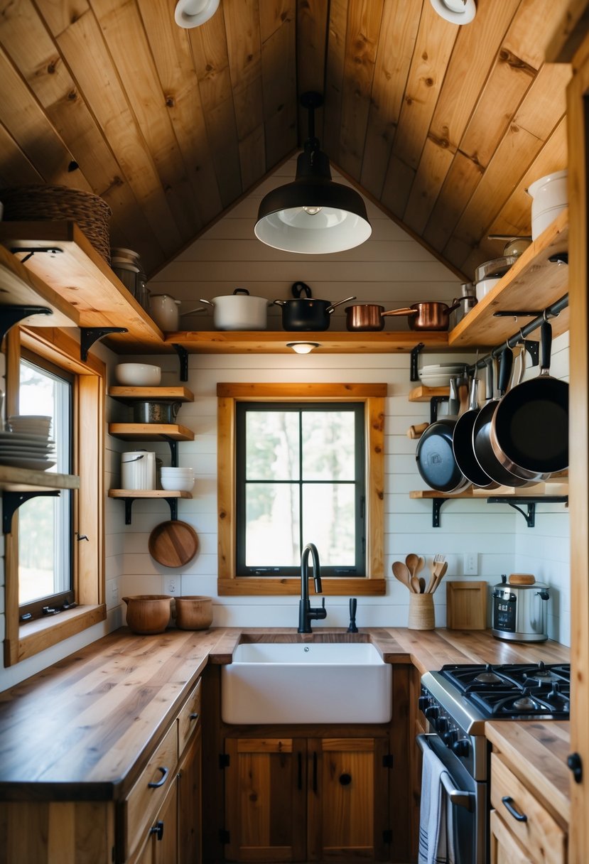 A cozy, rustic cabin kitchen in a tiny house with wooden countertops, open shelving, a farmhouse sink, and hanging pots and pans