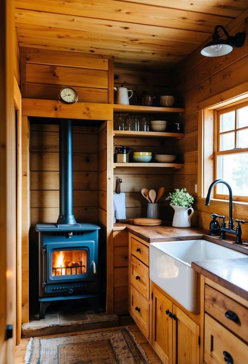 A cozy rustic cabin kitchen with a small wood-burning stove, open shelving, and a farmhouse sink. Warm wood tones and vintage accents create a charming and functional space