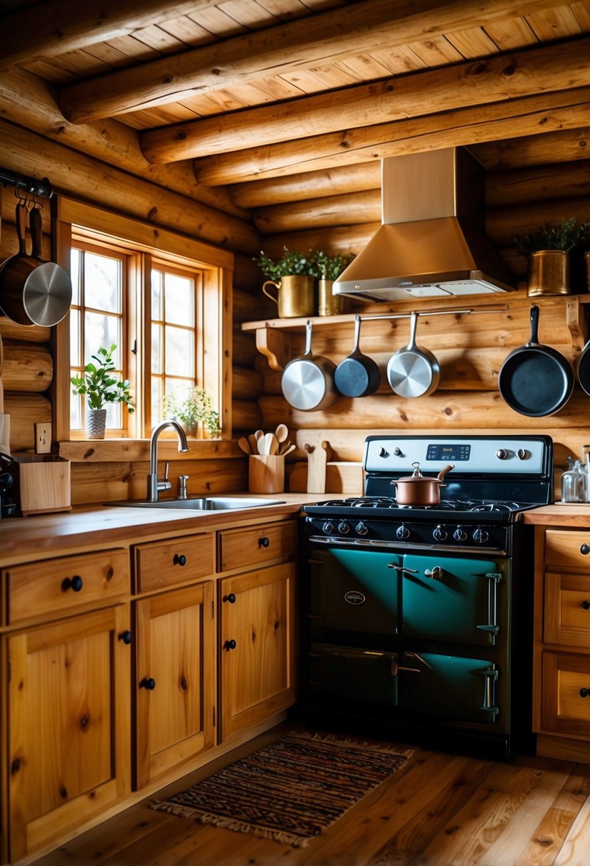 A cozy log cabin kitchen with wooden countertops, a vintage stove, and hanging pots and pans. Rustic decor and natural light create a warm, inviting atmosphere