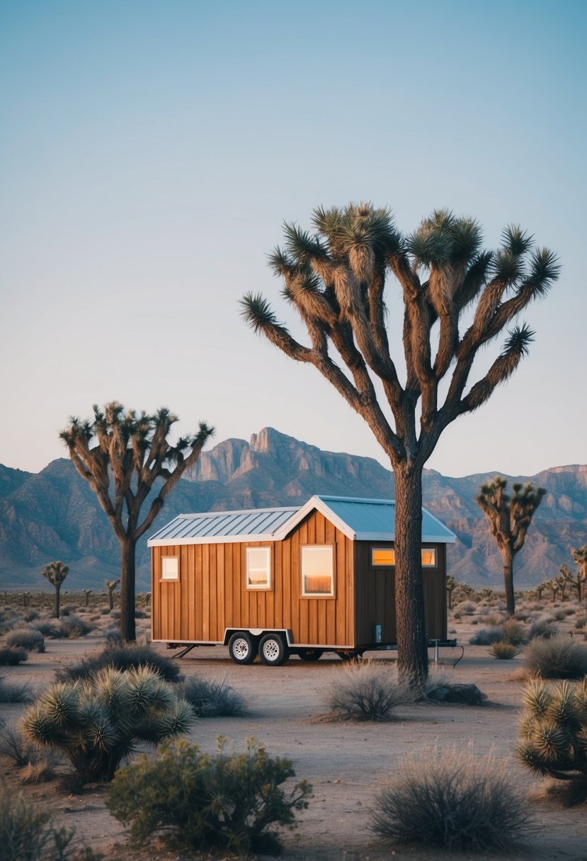 A cozy tiny house nestled among Joshua trees in the desert, with a clear blue sky and rugged mountains in the background