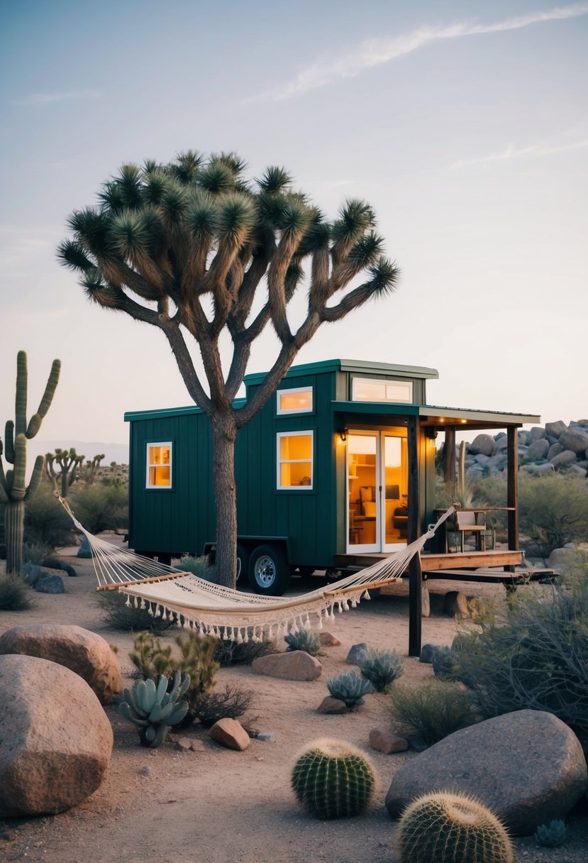 A cozy Joshua Tree tiny house nestled among desert cacti and boulders, with a hammock swaying in the gentle breeze