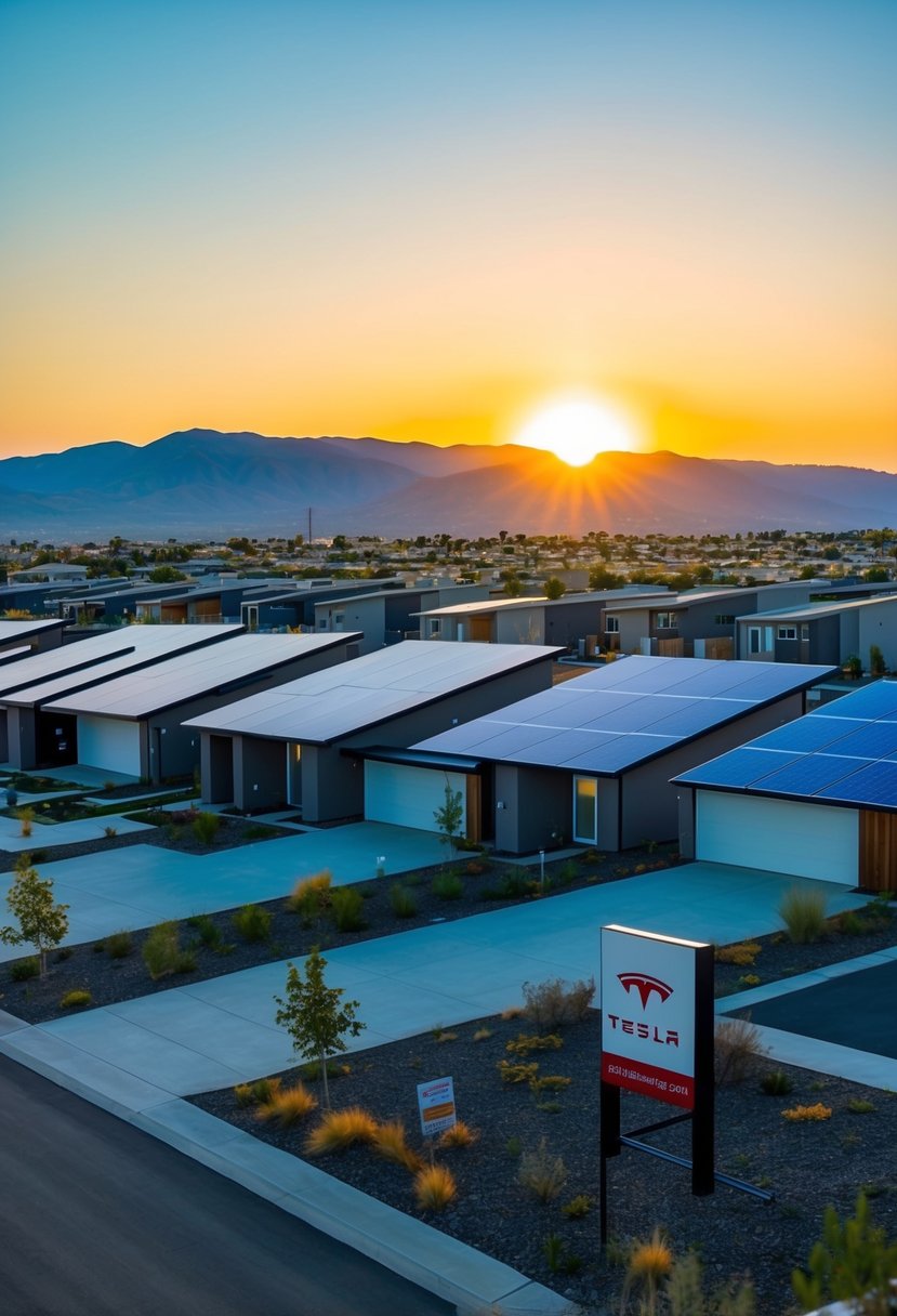 A modern suburban neighborhood with sleek, solar-paneled homes. A sign advertises "Tesla Houses Coming Soon." The sun sets behind the mountains, casting a warm glow over the community