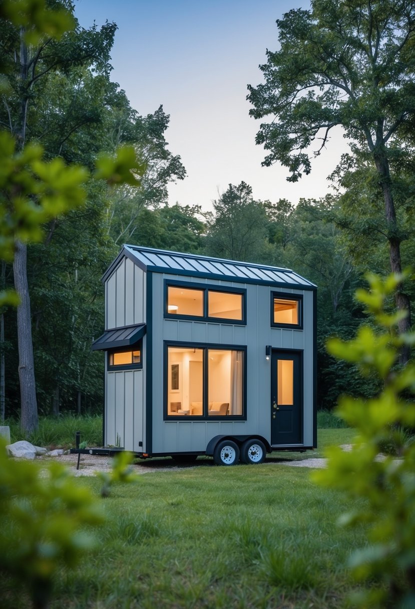 A small, modern tiny house sits in a serene natural setting, surrounded by trees and greenery. The sleek design features large windows and a compact floor plan