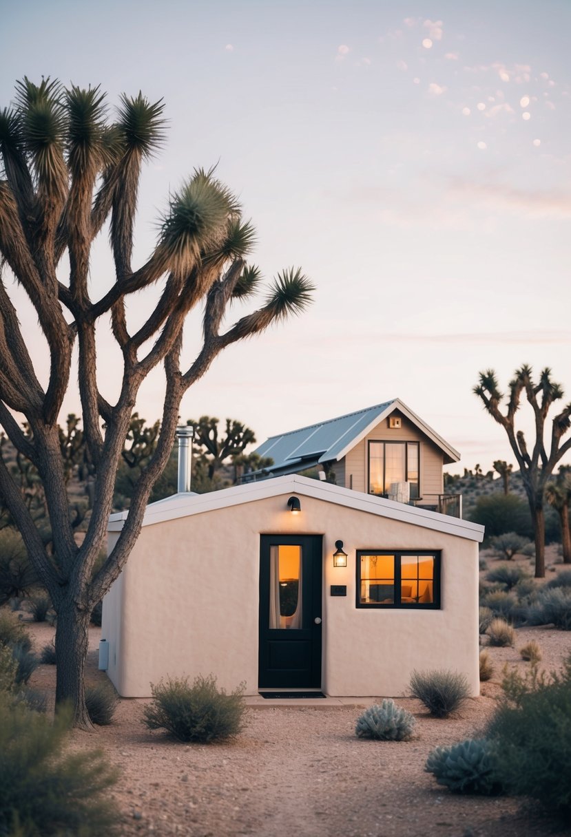 A small desert casita nestled among Joshua trees with a tiny house in the background