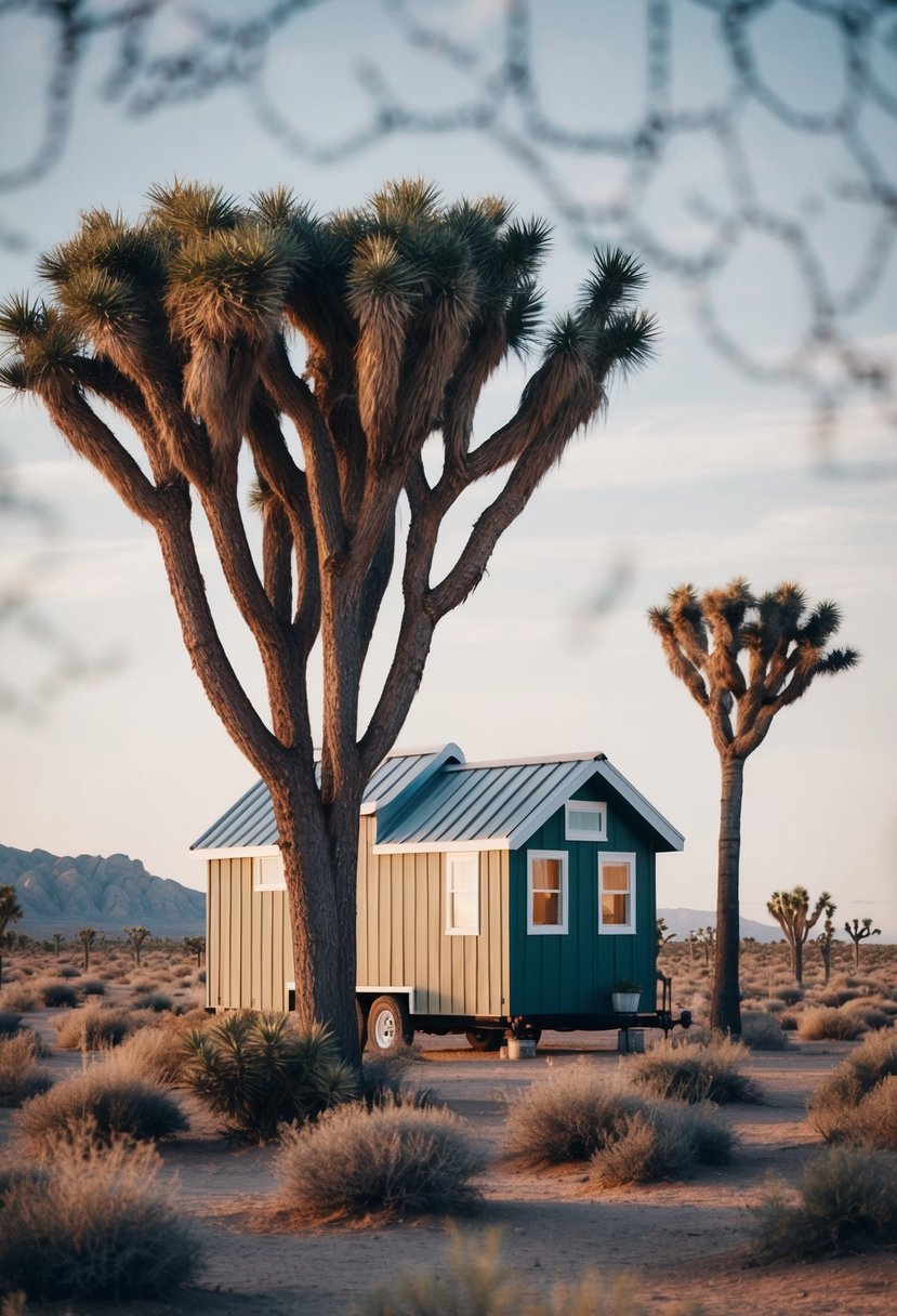 A tiny house nestled among Joshua trees in the desert