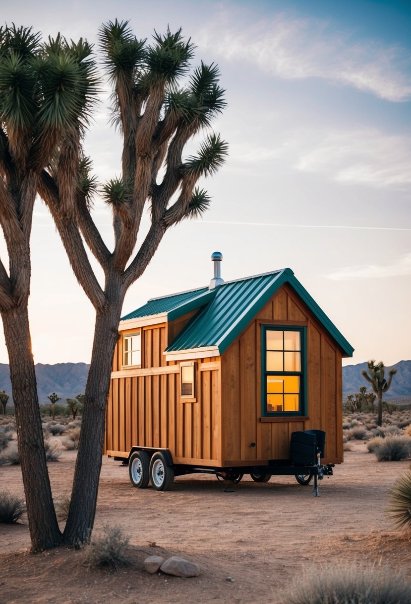 A cozy tiny house nestled among Joshua trees in the desert