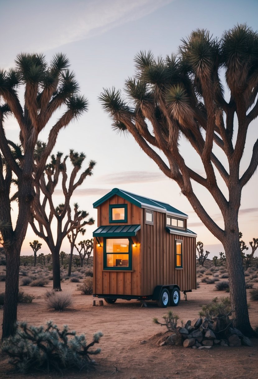 A cozy tiny house nestled among Joshua trees in the desert