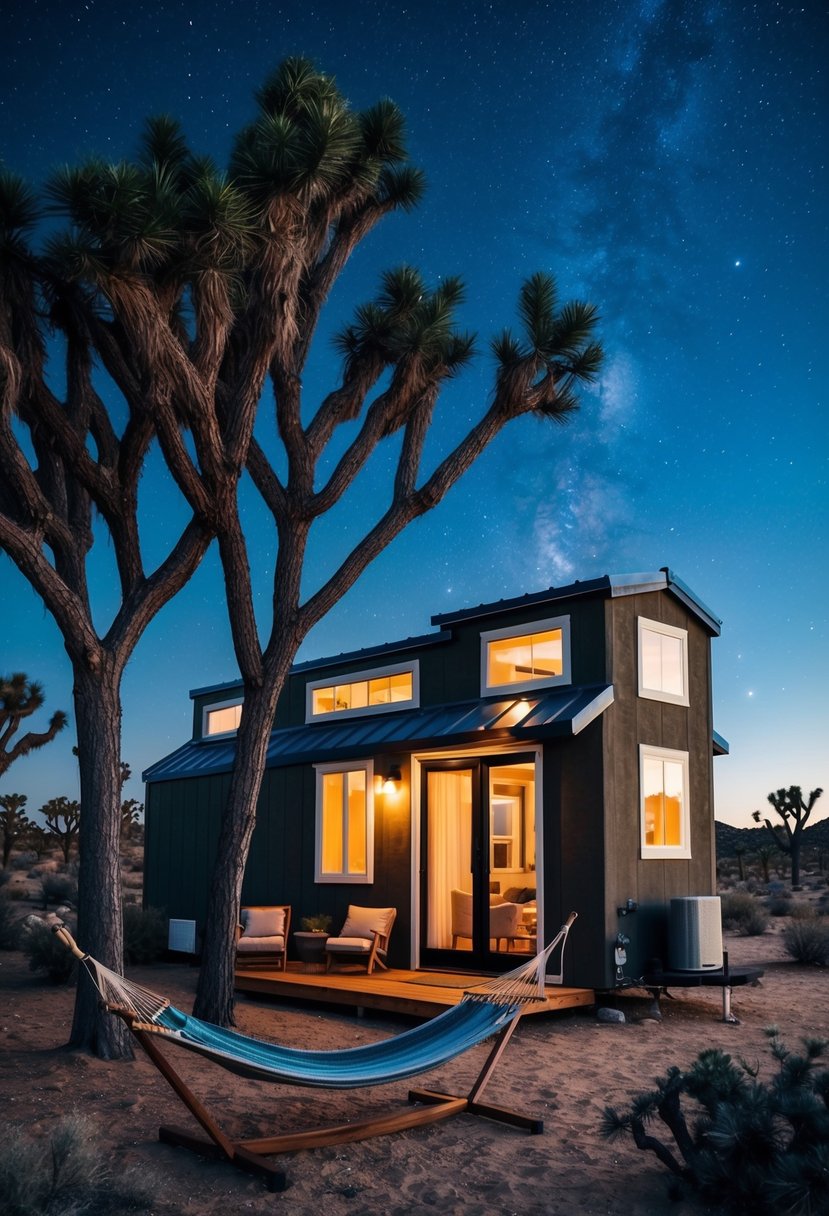 A cozy tiny house nestled among Joshua trees in the desert, with a hammock and outdoor seating area under the starry night sky