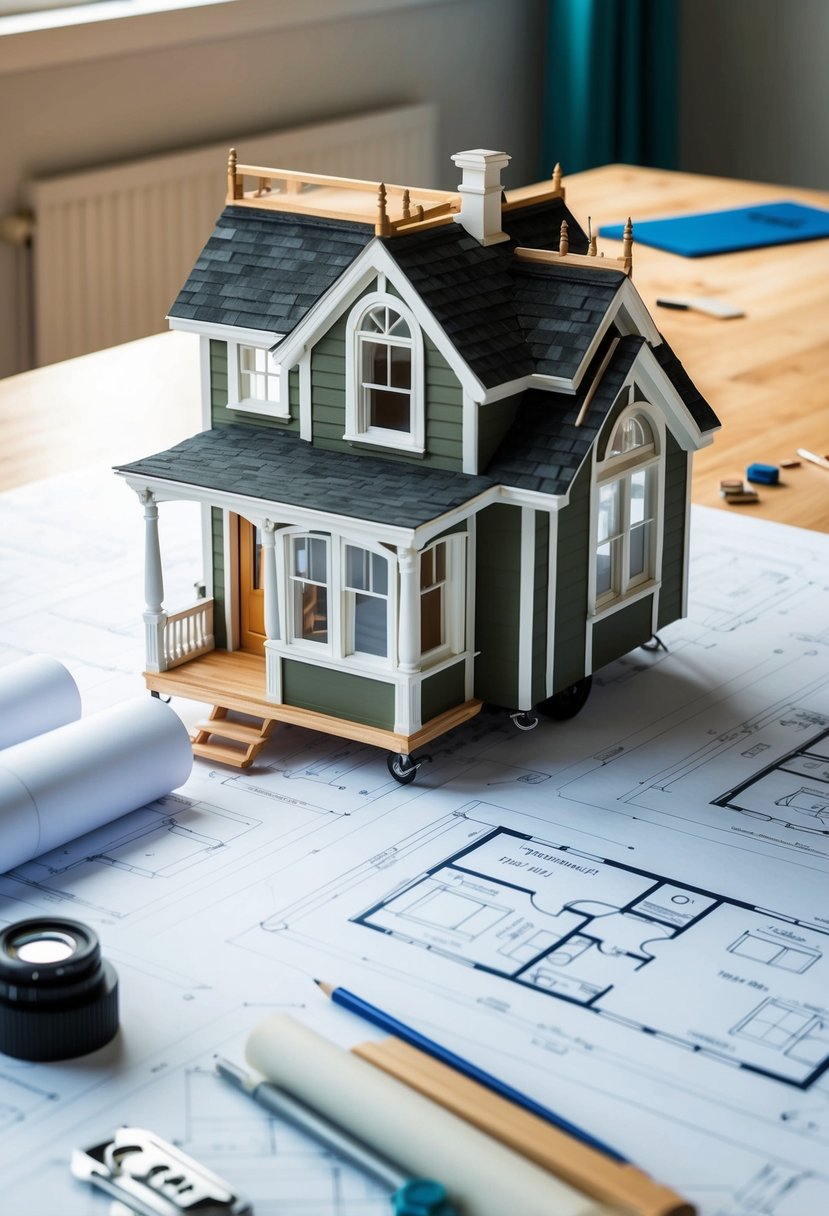 A Victorian-style tiny house being meticulously planned and constructed with detailed blueprints and architectural drawings spread out on a desk