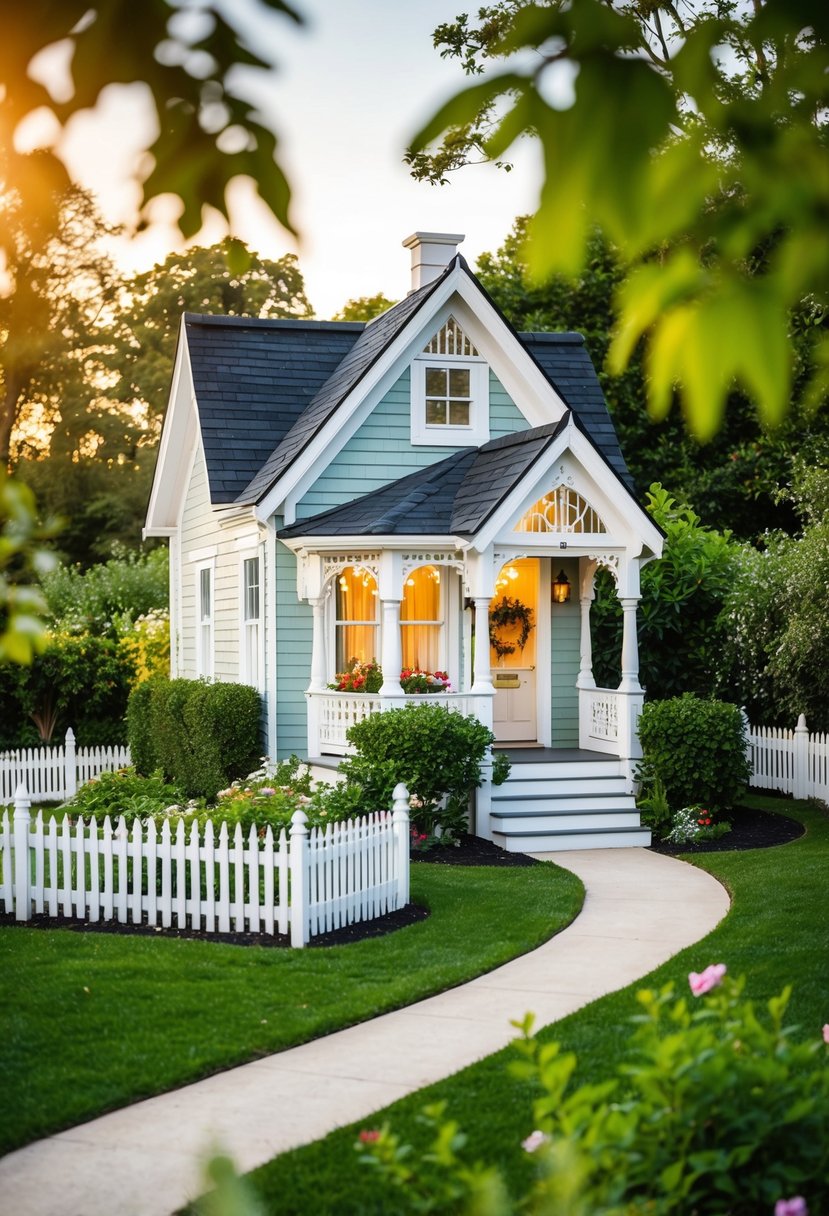 A quaint Victorian-style tiny house surrounded by a lush garden with a picket fence and a winding pathway leading to the front door