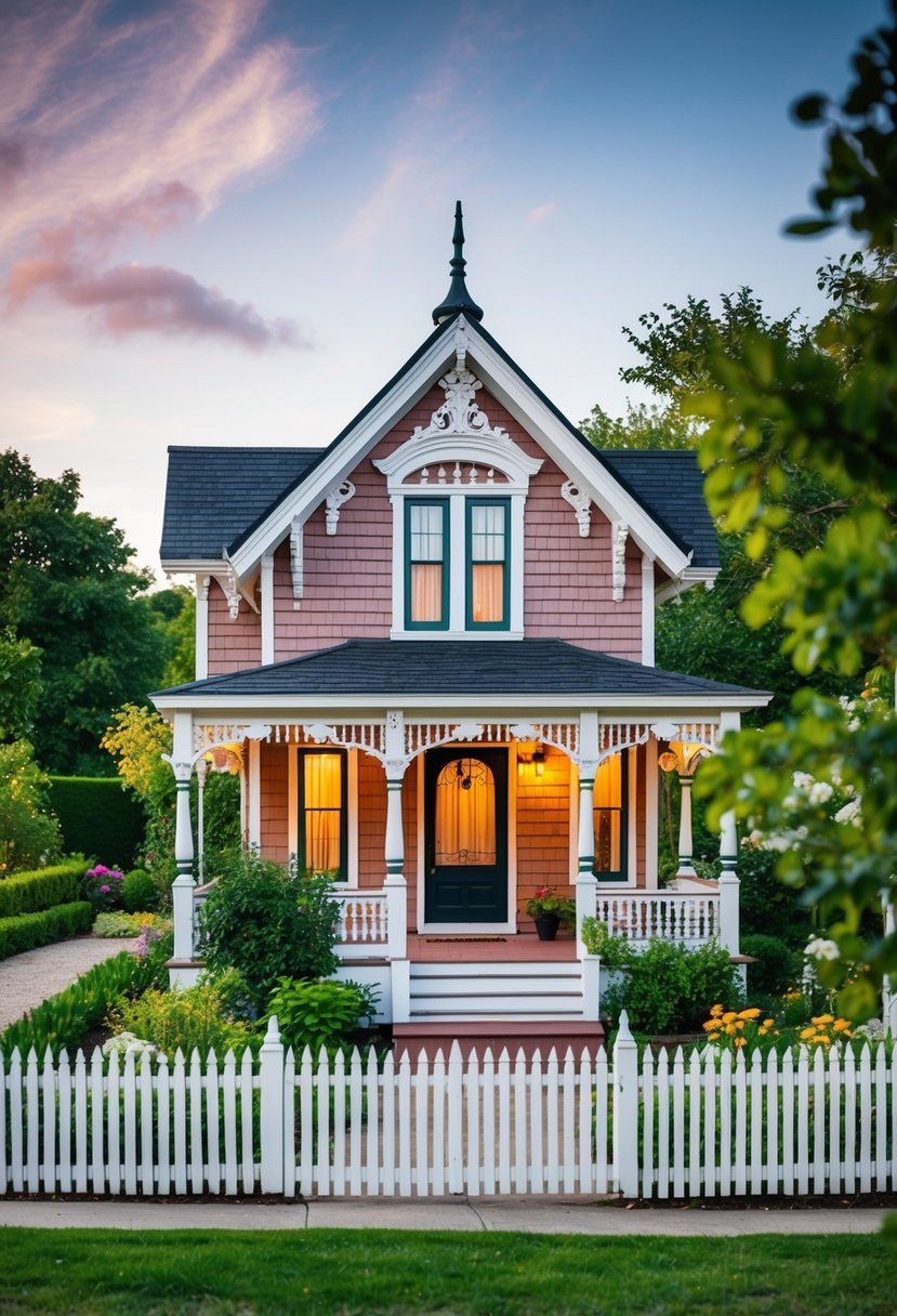 A charming victorian style tiny house with ornate trim and a pitched roof nestled among lush gardens and surrounded by a picket fence