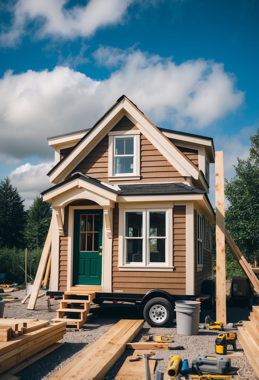 A quaint Victorian-style tiny house under construction, surrounded by lumber, tools, and building materials