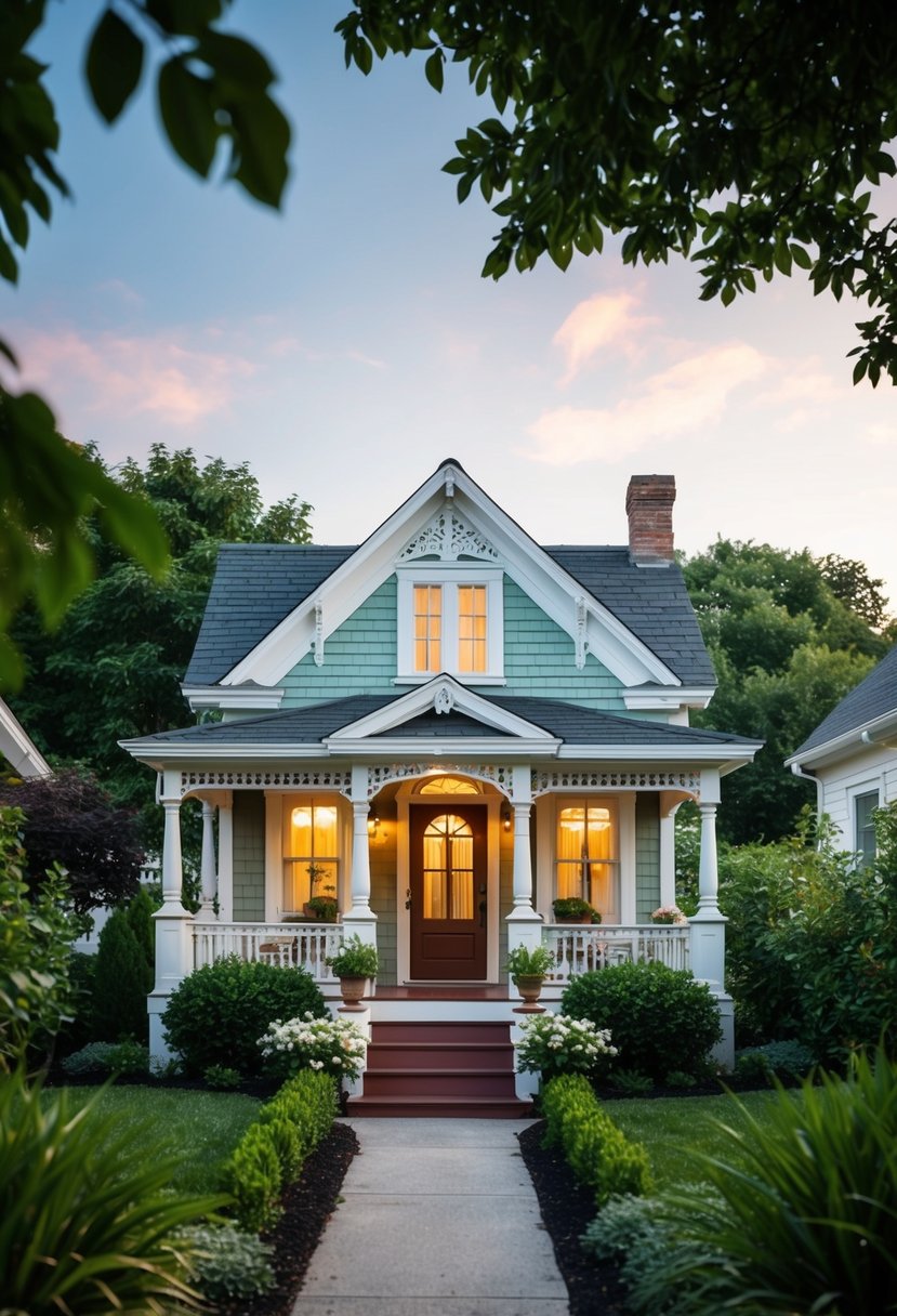 A cozy Victorian-style tiny house nestled among lush gardens, with ornate trim and a charming front porch