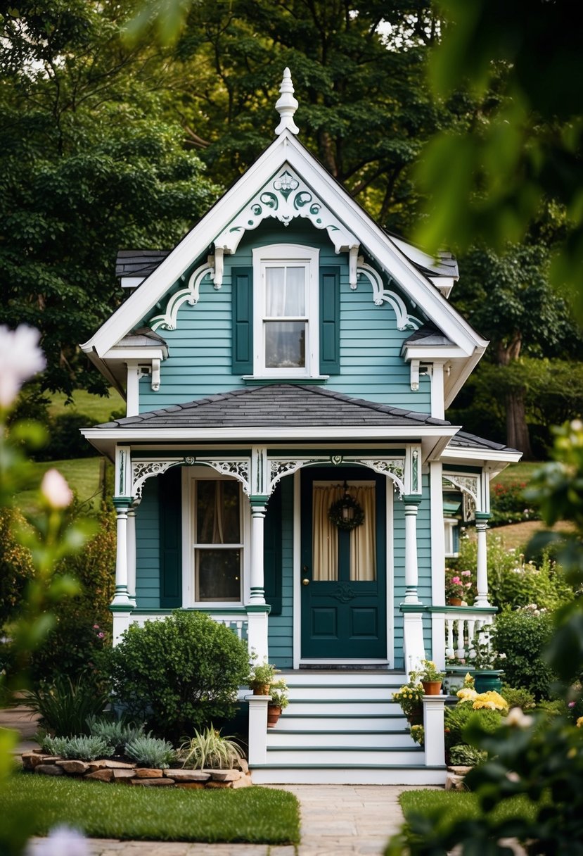 A quaint Victorian-style tiny house with ornate trim and a charming front porch, surrounded by a lush garden and nestled in a picturesque setting