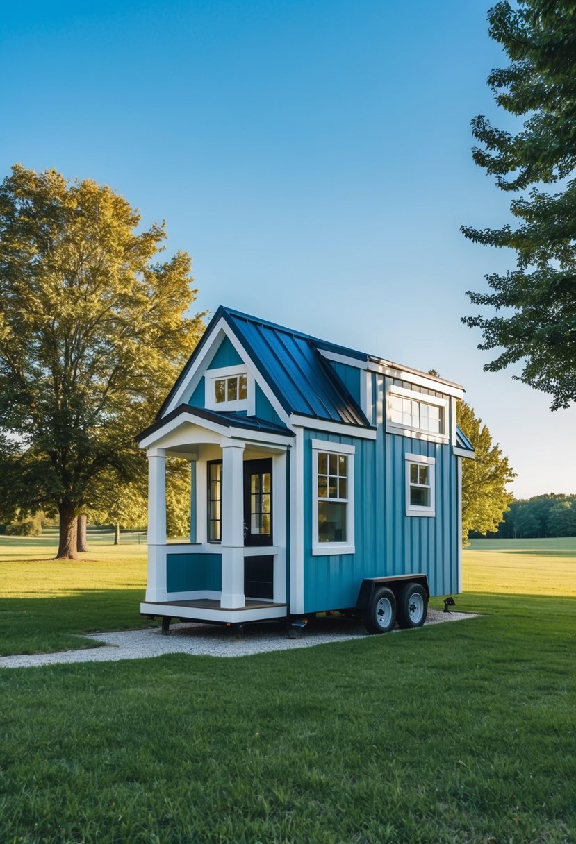 A tiny house sits on a grassy lot, surrounded by trees and a clear blue sky. The house is compact but stylish, with large windows and a small porch