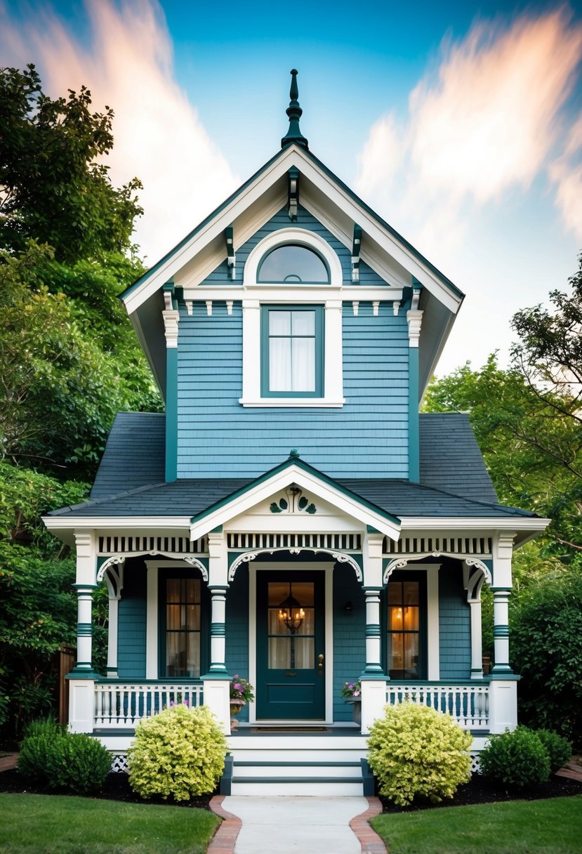 A cozy Victorian-style tiny house with intricate trim, a steep gabled roof, and a charming front porch surrounded by lush gardens