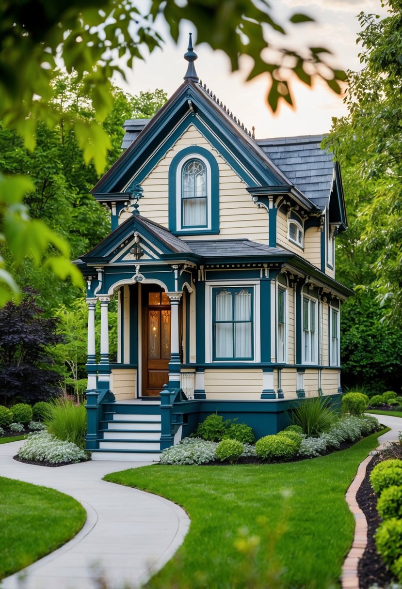 A Victorian-style tiny house with intricate trim, ornate windows, and a steeply pitched roof sits nestled among lush gardens and winding pathways