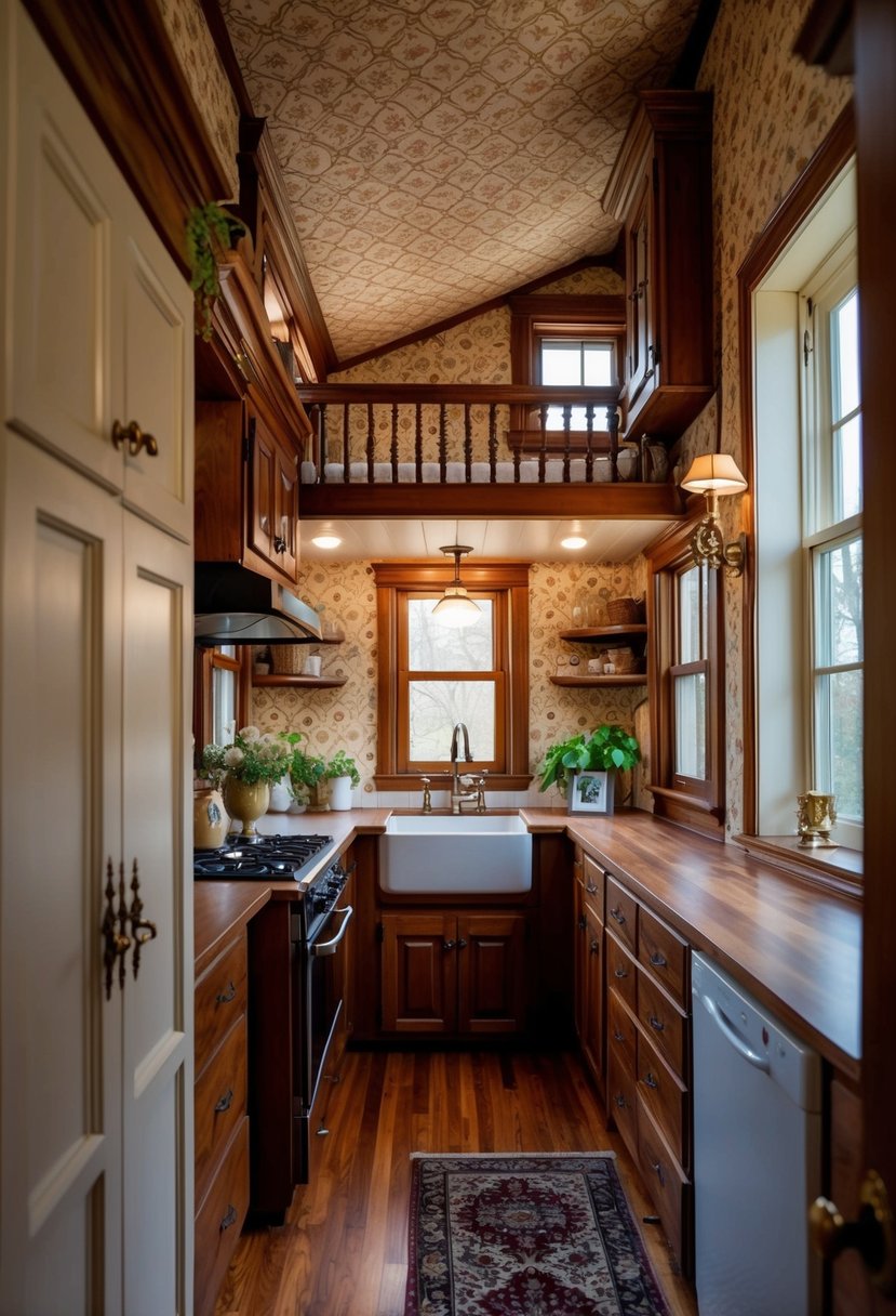 A cozy victorian-style tiny house with ornate furniture and patterned wallpaper, featuring a small kitchen, living area, and bedroom loft