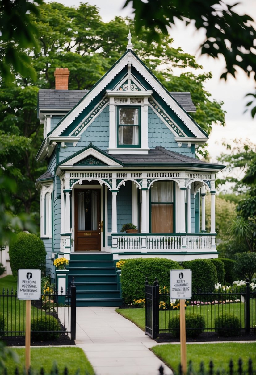 A tiny Victorian-style house with intricate exterior detailing, surrounded by a neatly manicured garden and a fence, with signs indicating compliance with regulations