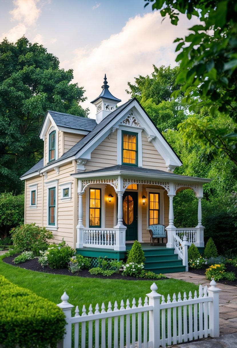 A cozy victorian style tiny house nestled among lush gardens with a small picket fence, a wrap-around porch, and intricate architectural details