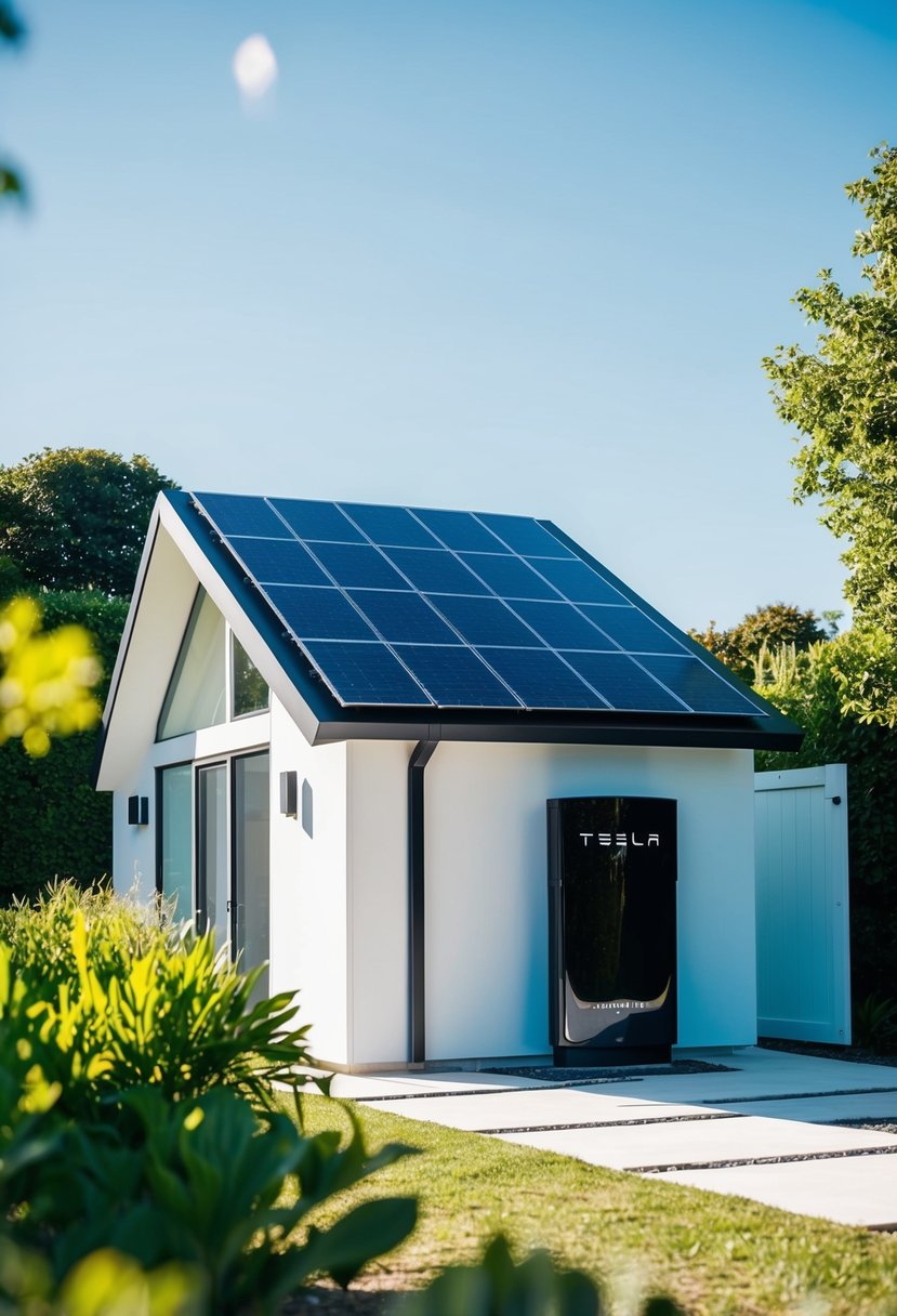 A sleek, compact house with solar panels and a Tesla Powerwall, surrounded by lush greenery and a clear blue sky