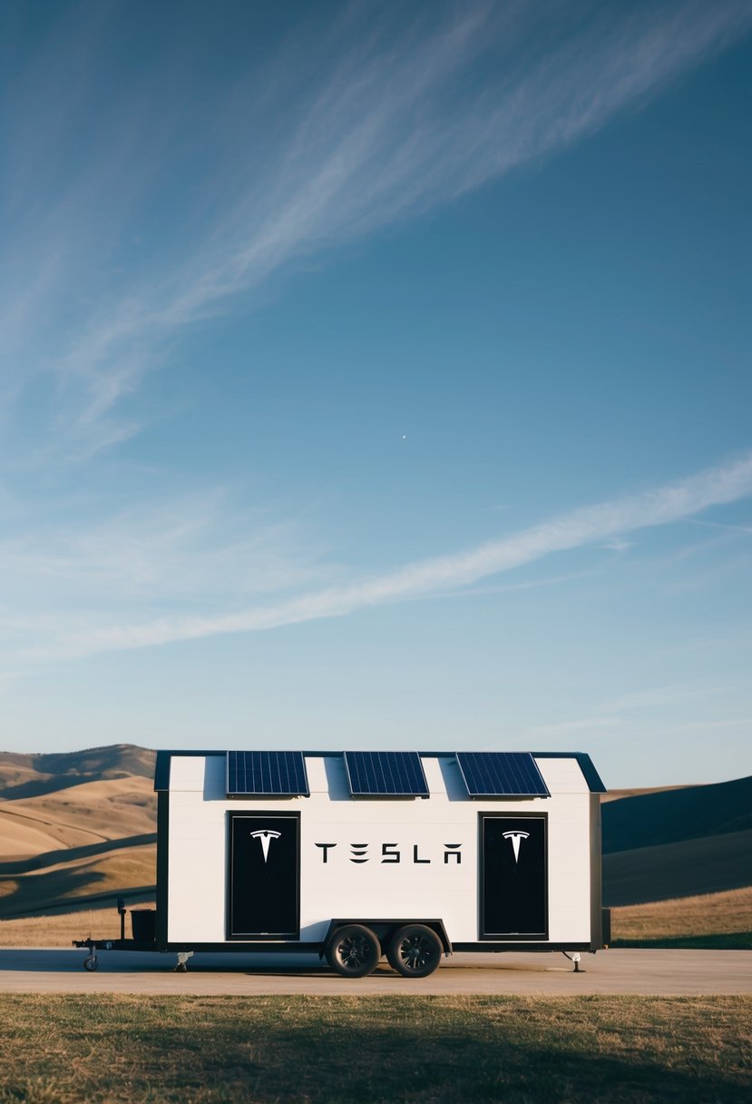 A sleek and compact Tesla Tiny House, complete with solar panels, a Powerwall battery, and sustainable materials, sits against a backdrop of rolling hills and clear blue skies