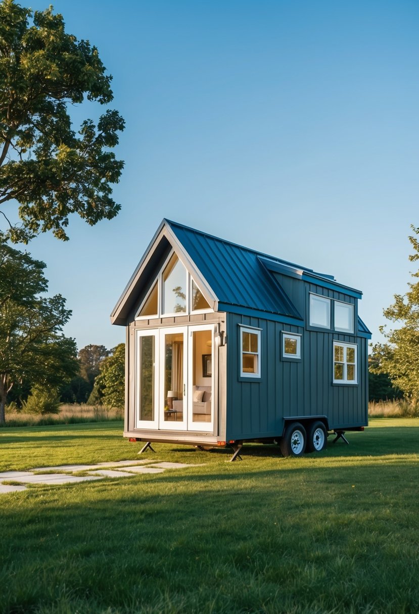 A tiny house sits on a grassy plot, surrounded by trees and a clear blue sky. The house is compact, with a sloped roof and large windows, showcasing its cozy interior