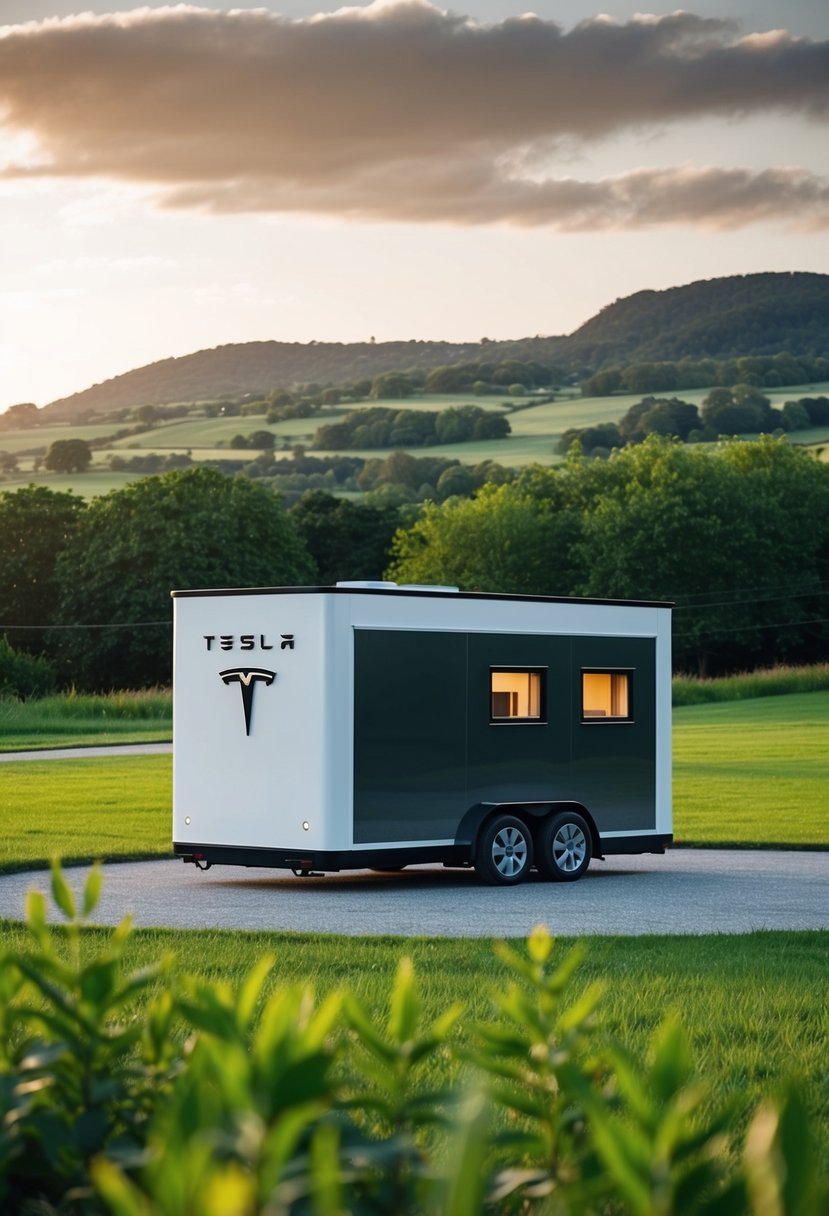 A sleek, modern Tesla Tiny House sits on a lush, green landscape, surrounded by renewable energy sources and cutting-edge technology