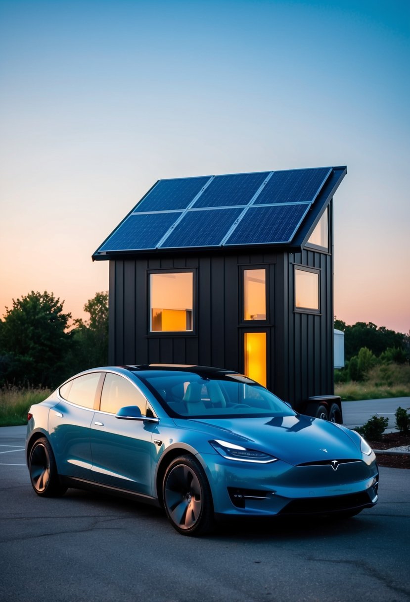 A sleek, modern tiny house with solar panels and a Tesla electric car parked outside