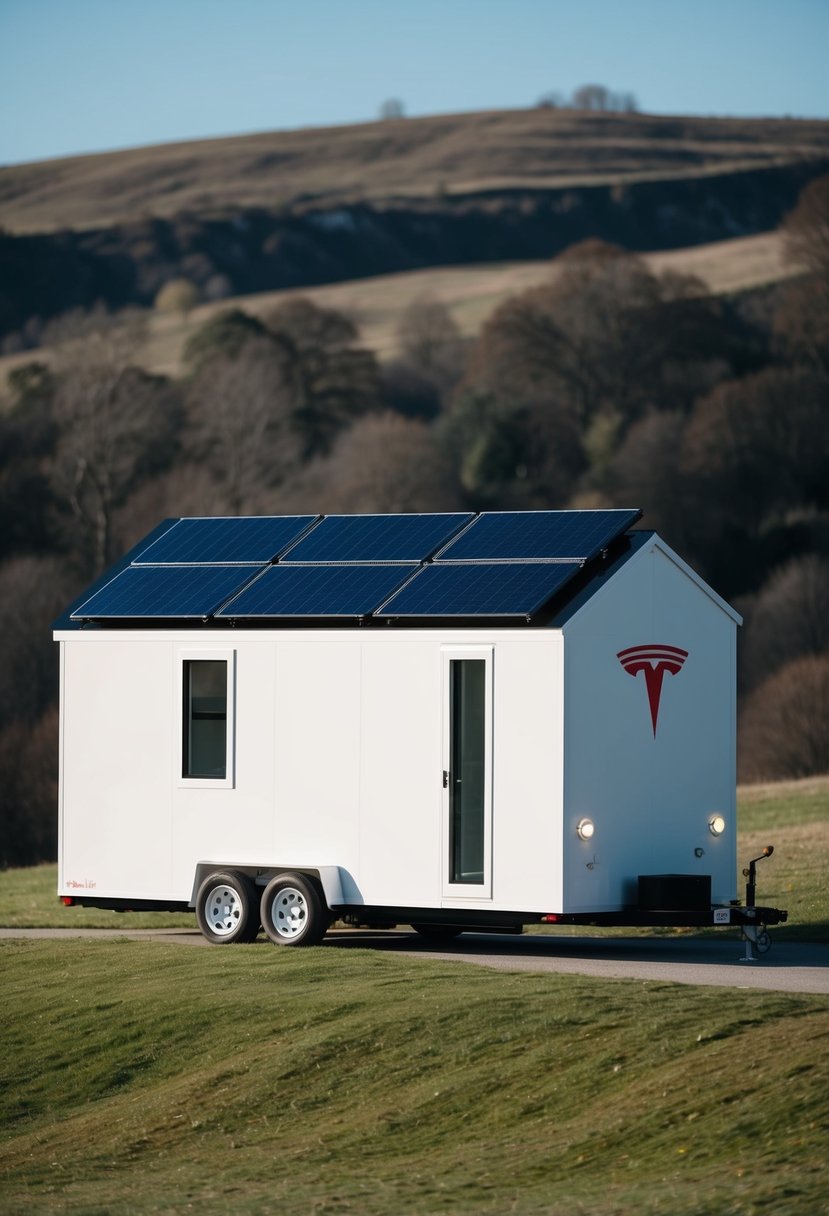 A sleek, modern tiny house sits on a grassy hill, with solar panels on the roof and a Tesla logo on the side