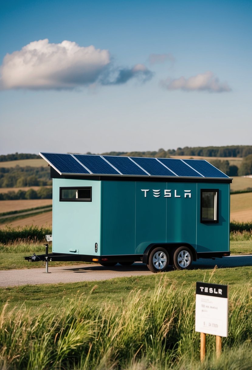 A Tesla Tiny House with solar panels and sleek design sits in a scenic countryside. A price tag is displayed nearby