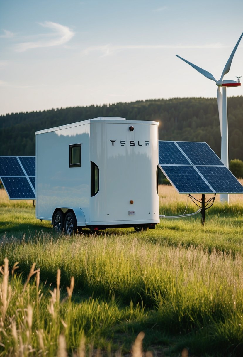 A Tesla Tiny House sits in a sunlit meadow, surrounded by solar panels and a wind turbine. The house is connected to a power grid, showing zero utility bills